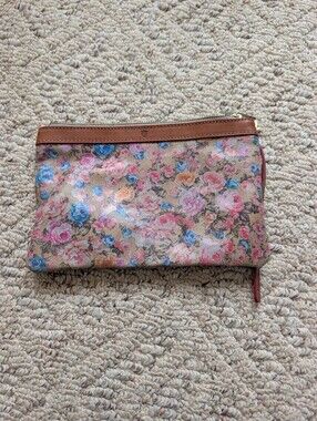 Garuglieri Brown Leather Floral Wristlet Clutch Cosmetic Bag Made in Italy